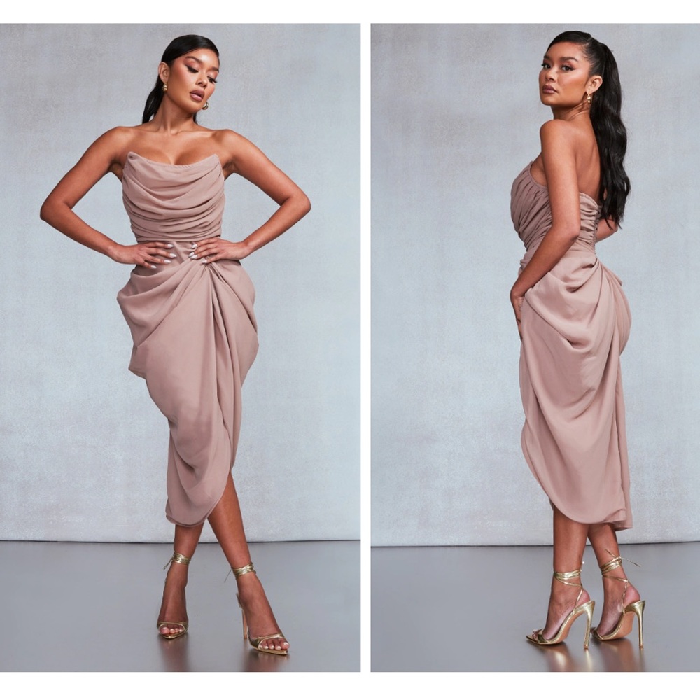 Taupe Chiffon Corset Bandeau Draped Mini Dress